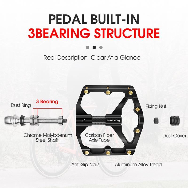 WEST BIKING 3 High-Speed Bearing Pedals Carbon Fiber Spindle Tube Aluminum Alloy Platform Pedals MTB Anti-Skid Lightweight Parts