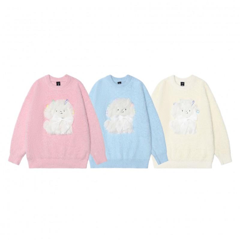 Cozy Oversized Fleece-Lined Knit Sweater With Animal Embroidery Streetwear Teens