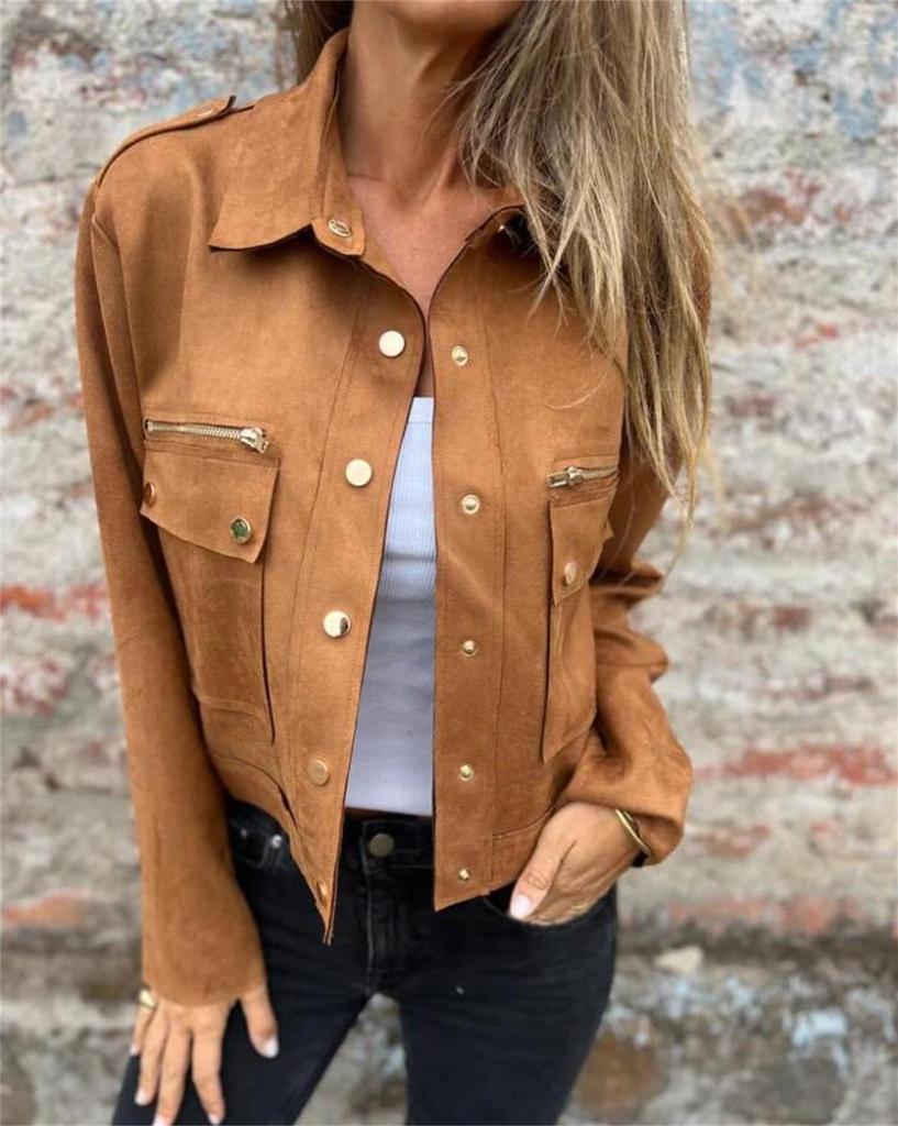 Suede Turn-Down Collar Long Sleeve Jacket with Metal Zipper - 2025 Collection