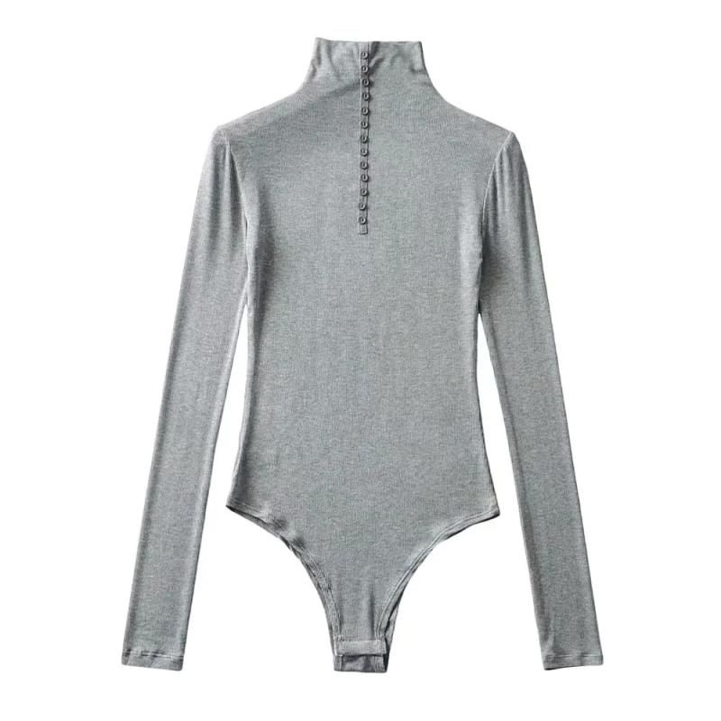 

Fashion Style Half-High Collar Long Sleeves Silm Stretch Bottoming Shirt Crotch Jumpsuits High Waist Spring and Summer New One-Piece T-shirt Light gray M