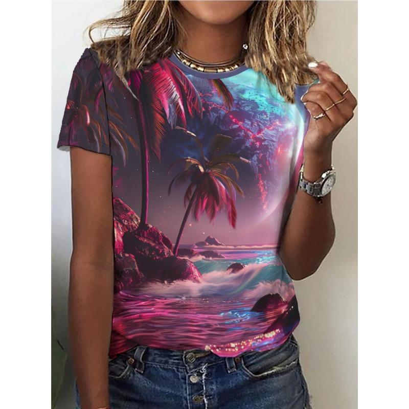 

Women s Tee - Cosmic Beach Palm Tree Graphic, Psychedelic Print Design for Casual Daily Wear S
