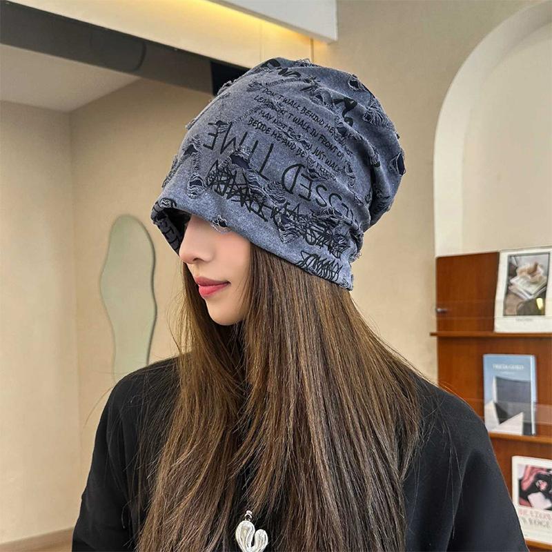 1 PC thin oversized knitted chic pile cap casual printed loose letter fashionable hat 55-59cm