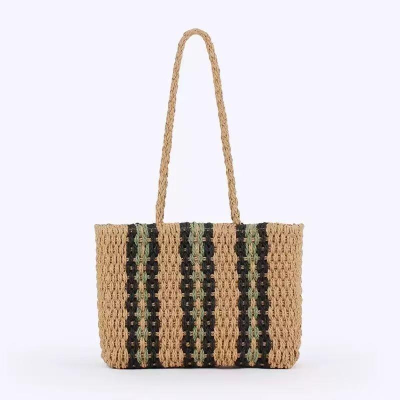 New Summer One-shoulder Contrasting Straw Bag, Hand-woven Bag, Large-capacity Tote Bag, Women's Seaside Vacation Beach Bag