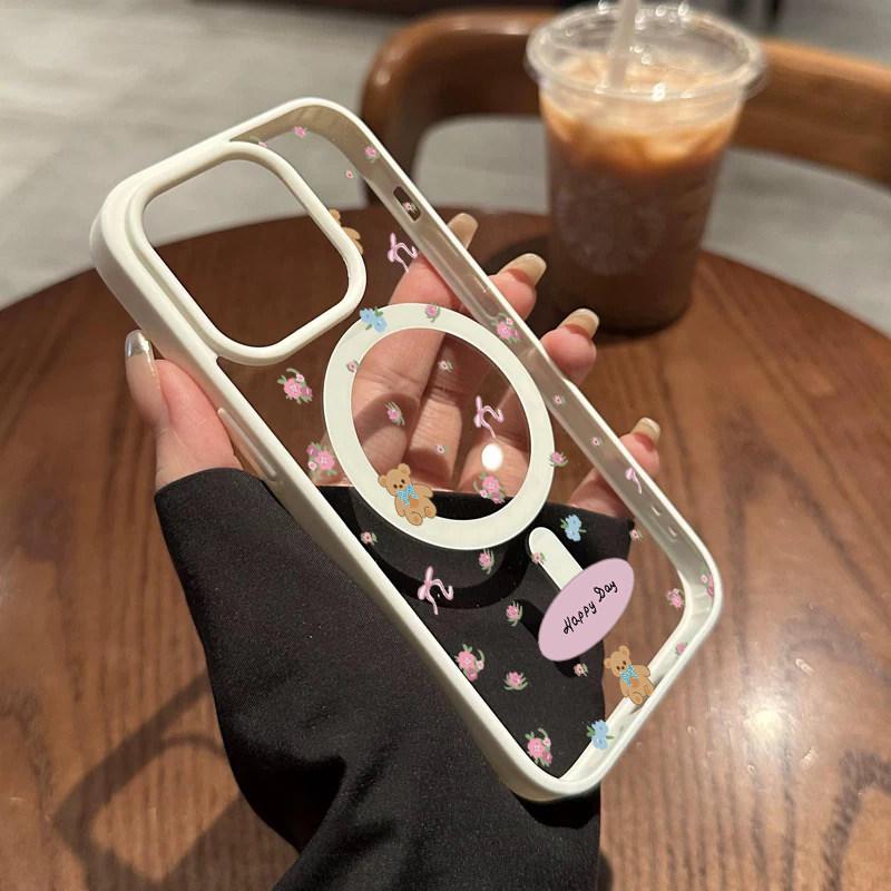 

Floral Bear iPhone 17 Magnetic Case, Frosted Soft Edge, Fits 16 Pro Max, 14, & 13 iPhone 7/8