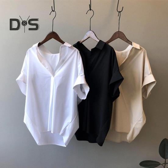 Dámská letní košile Klopa Krátký rukáv Jednobarevný svetr Topy Volný střih Tenká kancelářská dámská košile Pracovní oděvy