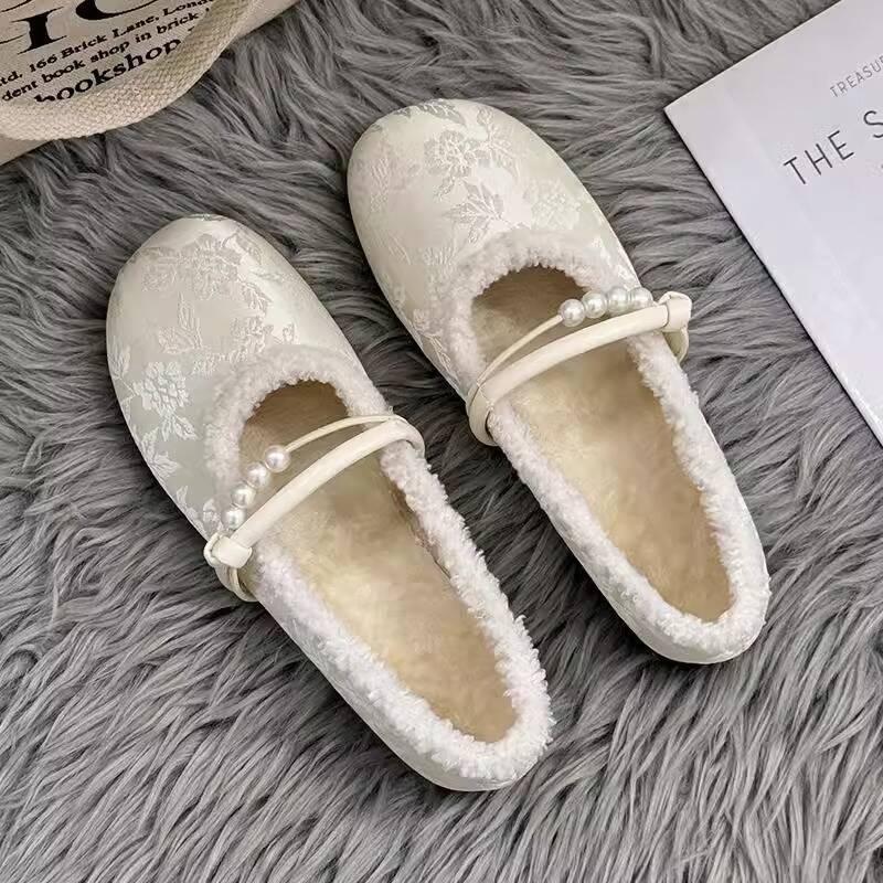 Fashion Women's Low Heel Cotton Shoes Winter New Round Head Shallow Mouth Satin Soft Sole Anti-slip Wear-resistant Low Top Shoes