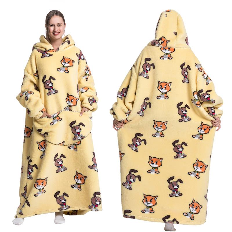 Zimní zateplený fleecový župan s kapucí pro ženy 140 cm oversized deka s rukávy Fleece zateplené mikiny Mikiny Obří TV deka Dámský župan s kapucí