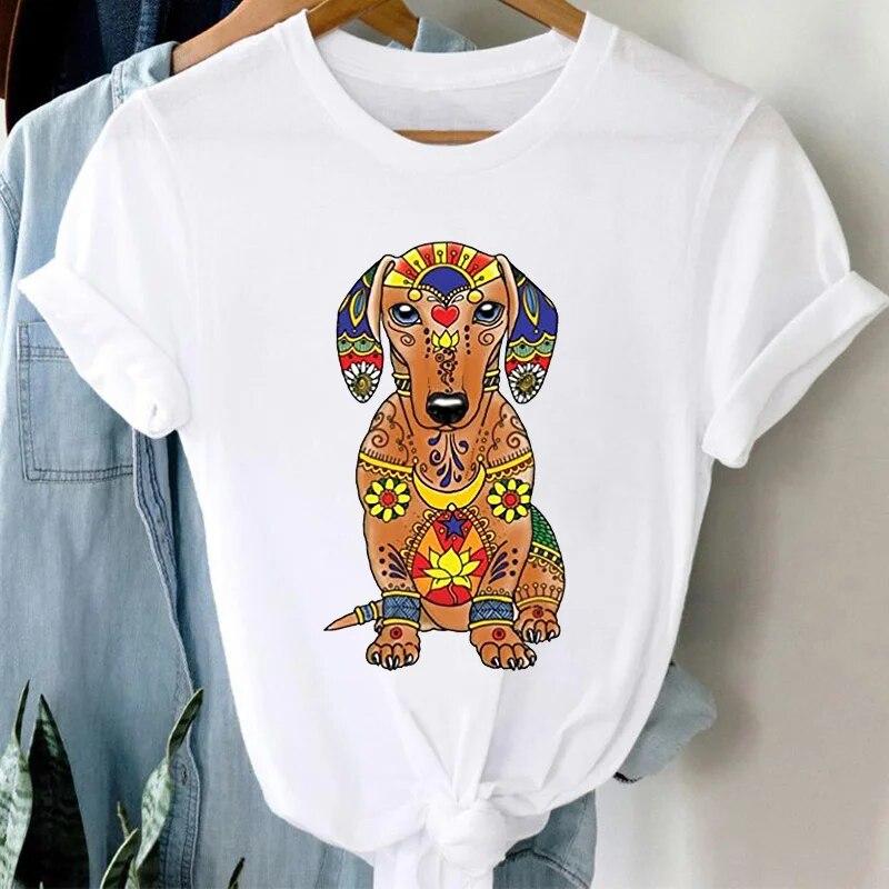 Woman Tshirts   Tops Summer Animal Dog Graphic T Shirt O-neck White Oversize T-shirt Casual Short Sleeve Femme Size 3XL