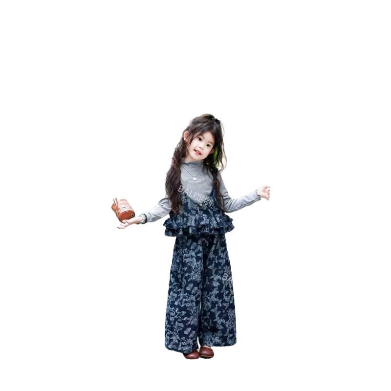 Libala Kids Girls' Autumn Floral Denim Camisole Top & Wide-Leg Pants Set