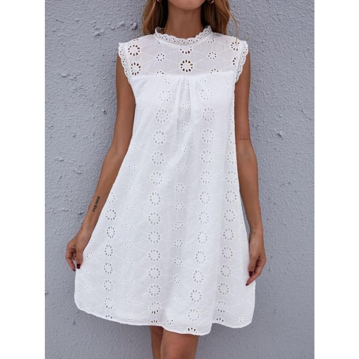 Women s Round Neck Sleeveless Eyelet Embroidery Loose Fit Casual A Line Mini Dress S