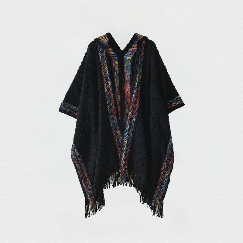 Ethnic Style Cape Hooded Wine Red Shawl Women Wearing Tassel Knitting Yunnan Xinjiang Xizang Tourist Cloak Cloak