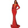 Winter new European and American women's dress fishtail edge red shiny long-sleeved v-neck dress long dress