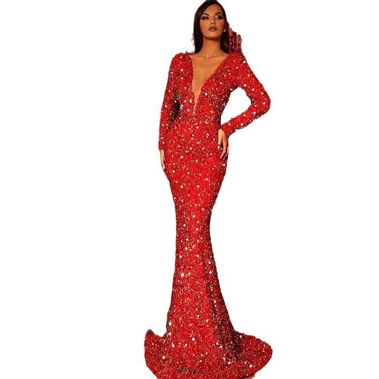Winter new European and American women's dress fishtail edge red shiny long-sleeved v-neck dress long dress