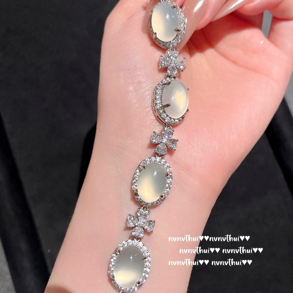 Myanmar Water Foam Jade Sunflower Big Egg Surface Gemstone Bracelet, New Chinese Style, White Chalcedony Agate Flower Zircon Bracelet.