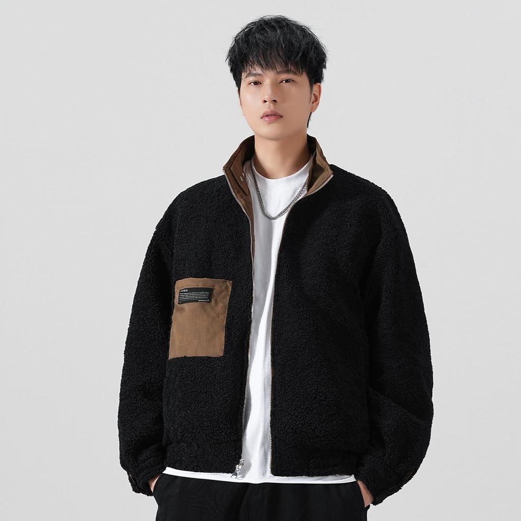 CO8000 Men's Versatile Lambswool Reversible Jacket with Patch Label, Casual Long Sleeve.