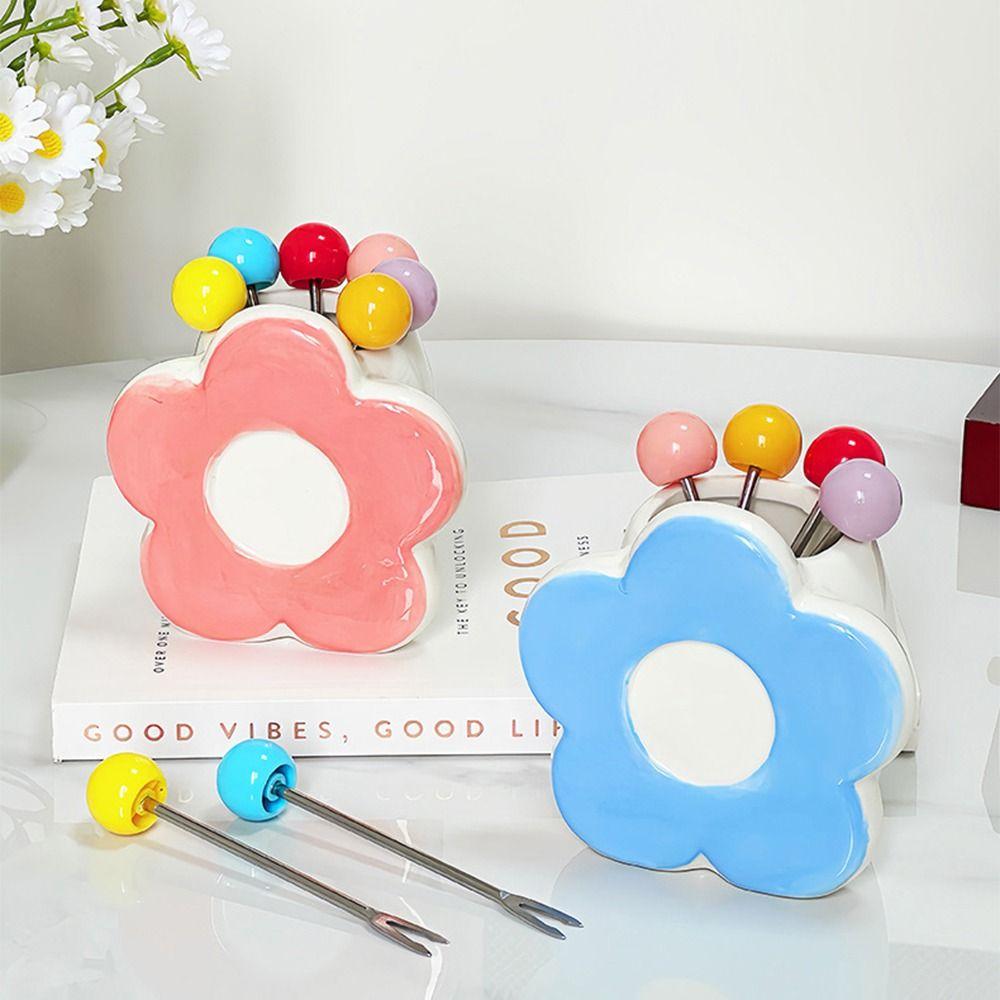 Flower Shaped Dessert Forks Portable Cute Toothpick with Holder  Kitchen Supplies