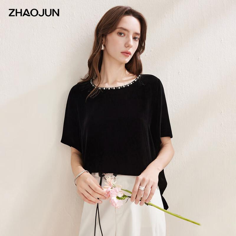Zhaojun Elegant Velvet Beaded Round Neck Short Sleeve Top L