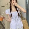 French sweet small shirt women's spring and summer slim-fitting and thin versatile white short shirt U-neck short-sleeved top