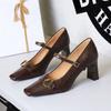 European American Style One-Strip High Heel Single Shoes For Women's Toe Shallow Mouth Thick Heel High Heels Metal Belt Buckle