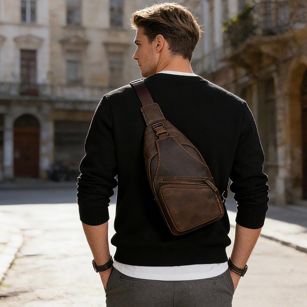 Leather Sports Chest Bag for Men, Multifunctional Single Shoulder Outdoor Large Capacity Crossbody Bag, European and American Retro Crazy Horse