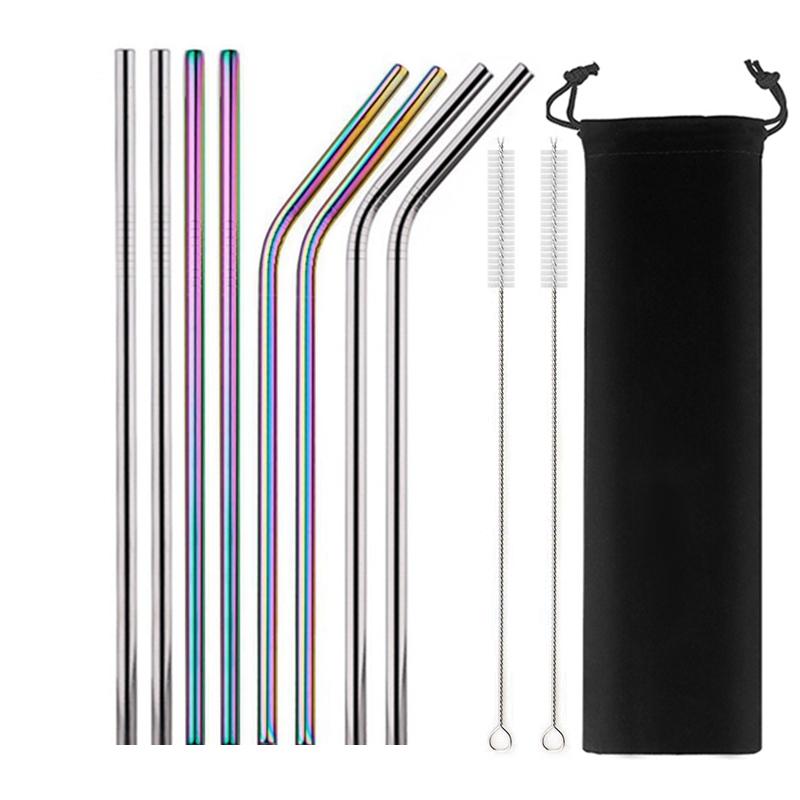 8Pcs Colorful Reusable Metal Straw High Quality 304 Stainless Steel Straws Set with Cleaner Brush Bar Party Drinking Straws