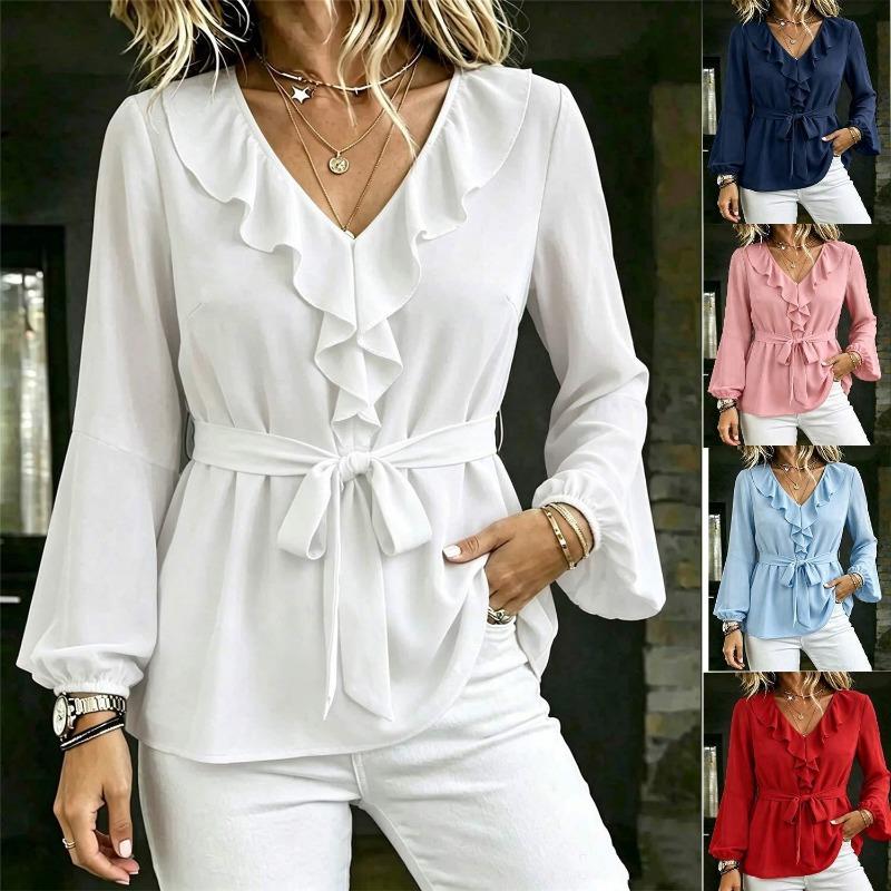 Women S V Neck Long Sleeve Lantern Shirt With Ruffle Tie Waist Solid Color Casual Blouse
