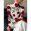 Women's Elegant Long Sleeve High Neck Red Rose Print Top, Slim Fit H Shape Machine Washable, Spring/Autumn Wear Top