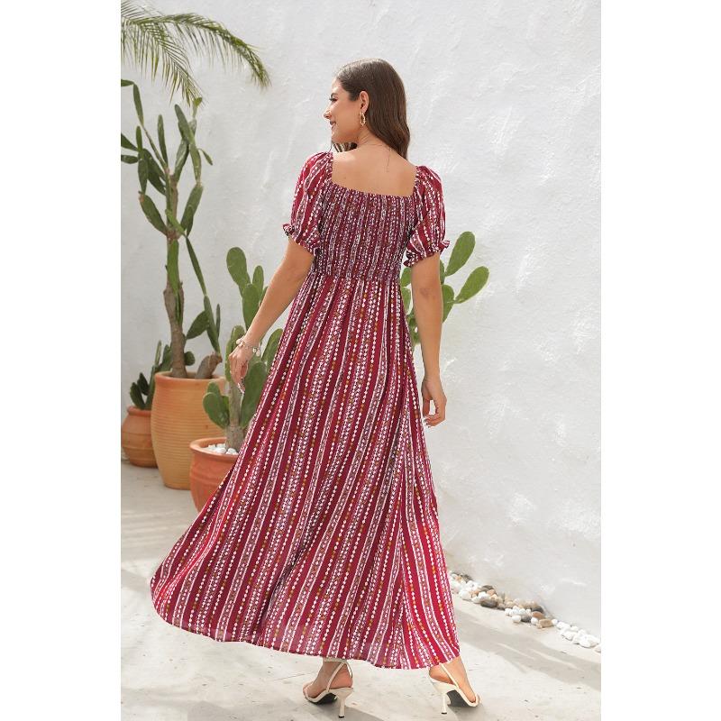 Šaty s potiskem svislých pruhů s rozparkem v pase, šaty na jedno rameno, prázdninové ležérní šaty