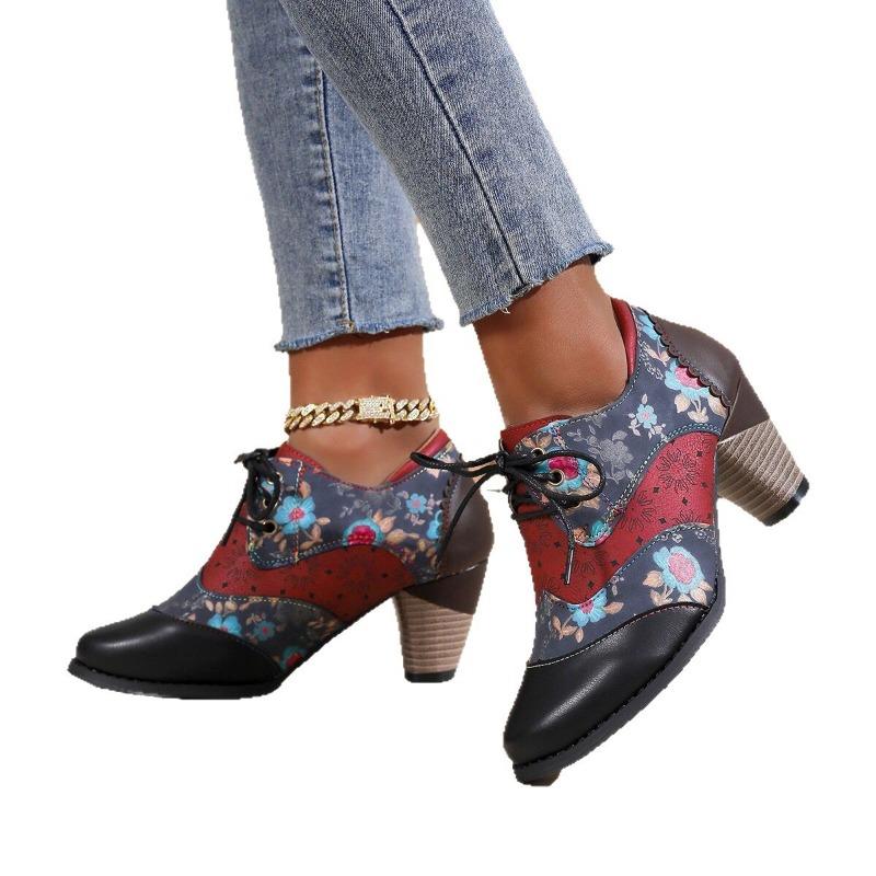 Spring and Autumn Coarse Heel High Heel Single Shoes Pointed Large Size-4 Size Deep Mouth Lace-Up Women's Shoes