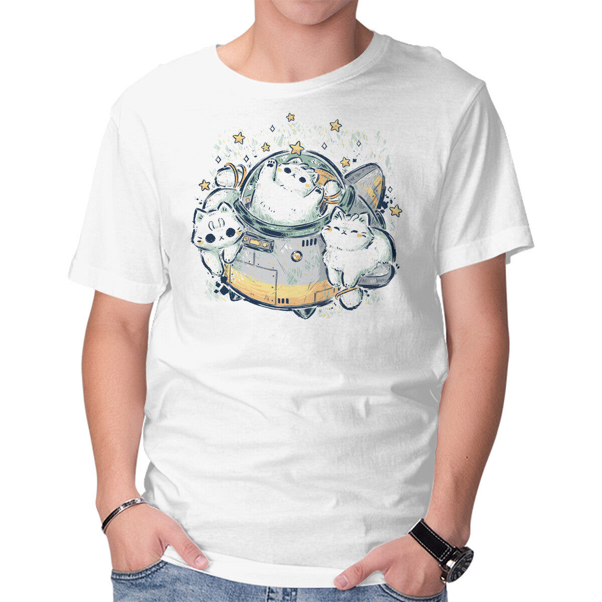 Unisex Crew Neck T-Shirt Cute Alien Cats Spaceship Graphic Short Sleeve Casual Tee XL