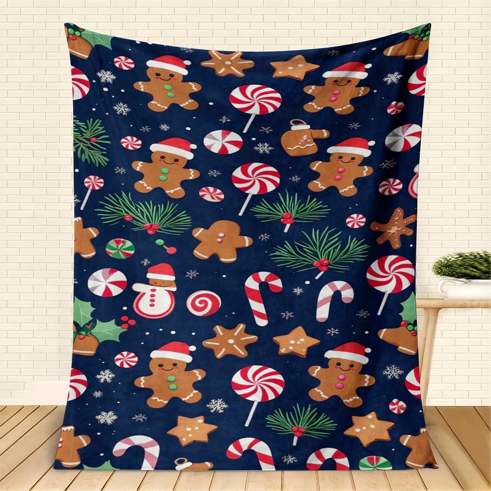 Weihnachts-Lebkuchenmann & Süßigkeitenmuster Fleecedecke Marineblau Festliche Überwurfdecke für Couch Bett Lounging Ideale Geschenke