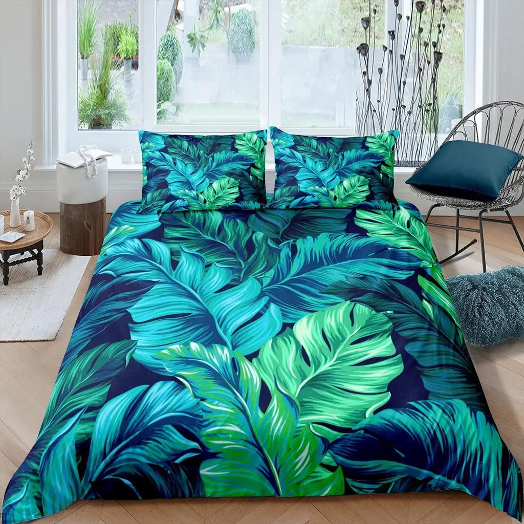 Palm Leaves Duvet Cover King Full Banana Leaves Bedding Set Hawaiian Tropical Leaves Green Branches 2/3Pcs Polyester Quilt Cover