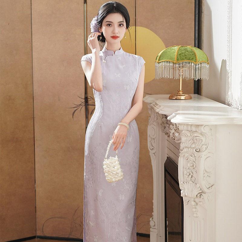 Purple Modern Chinese-Style Sleeveless Long Cheongsam Dress Women 2026 Vintage Elegant Fit Small
