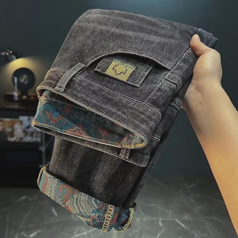 Vaqueros ajustados bordados de primavera y otoño para hombre con estampado moderno