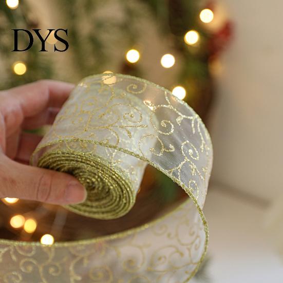 Hochwertiges Netzband für Blumengestecke 2,5" x 2,2 Yards Gold Transparent Weihnachtsbaumdekoration und Transparente Polyester-Schleifen Geschenkverpackung,