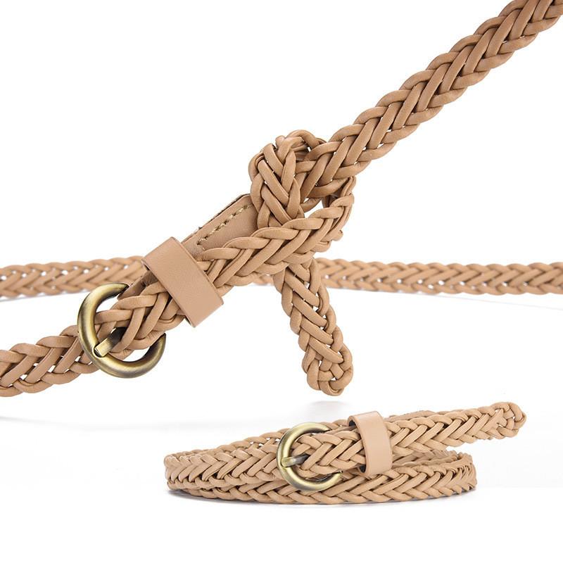 Trendy Womens Retro Woven Dress Belt Featuring Durable Pu Leather And Elegant Buckle