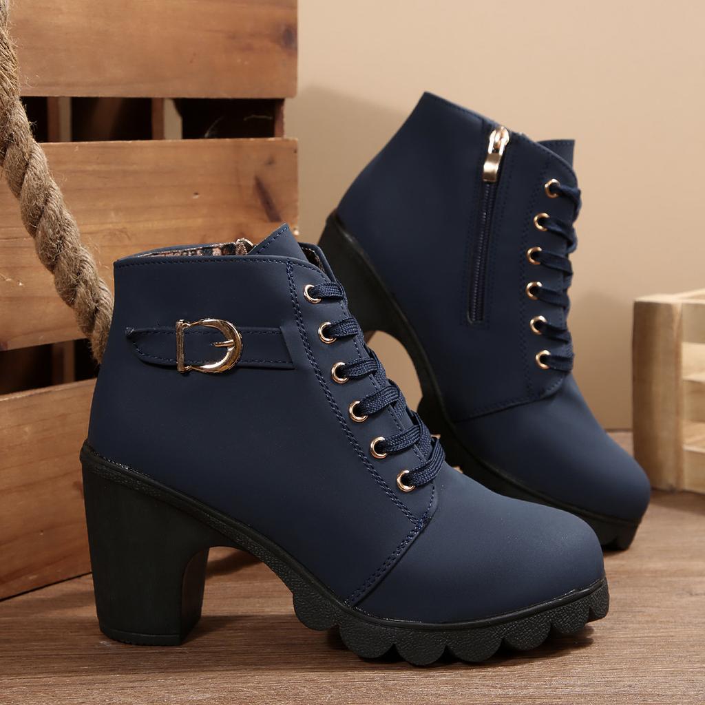 Foreign Trade Thick Heel Short Boots Round Head Lace-up and Bare Boots New High Heel Side Zipper Martin Boots Women's Single Boots Belt Buckle