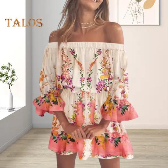 

Женское летнее платье с открытыми плечами и эластичной талией с рукавами три четверти Свободные рюшами с контрастным цветным принтом и плиссированными рюшами Мини-платье для отпуска на пляже 2XL синий