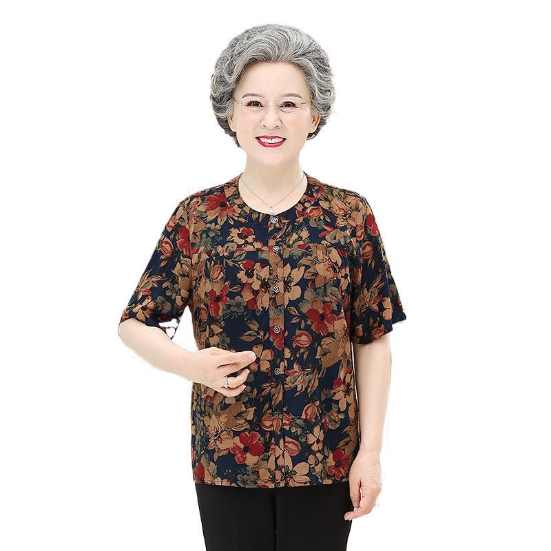 Elderly Women's Pure Cotton Short-Sleeve Summer Shirt