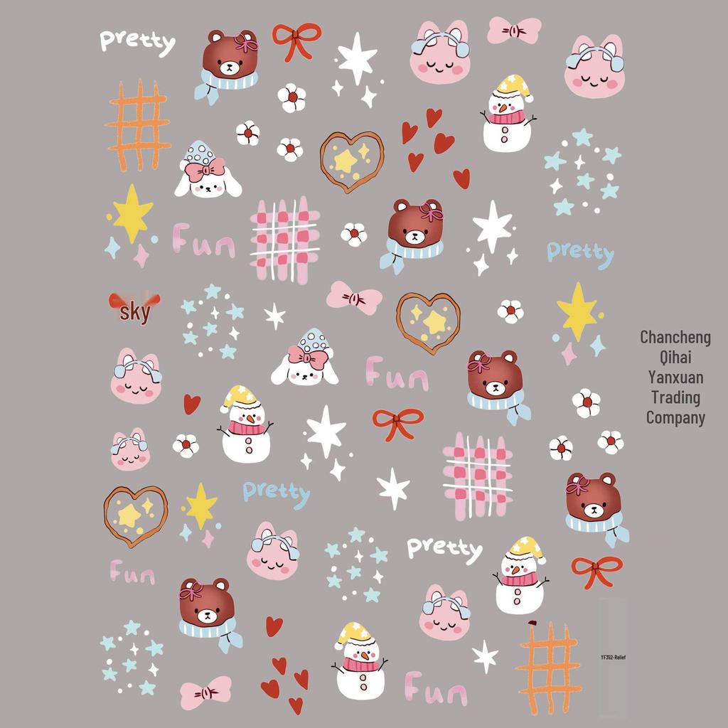 Patchwork Bear & Dora Adhesive Nail Stickers with Cute Heart and Camera Designs