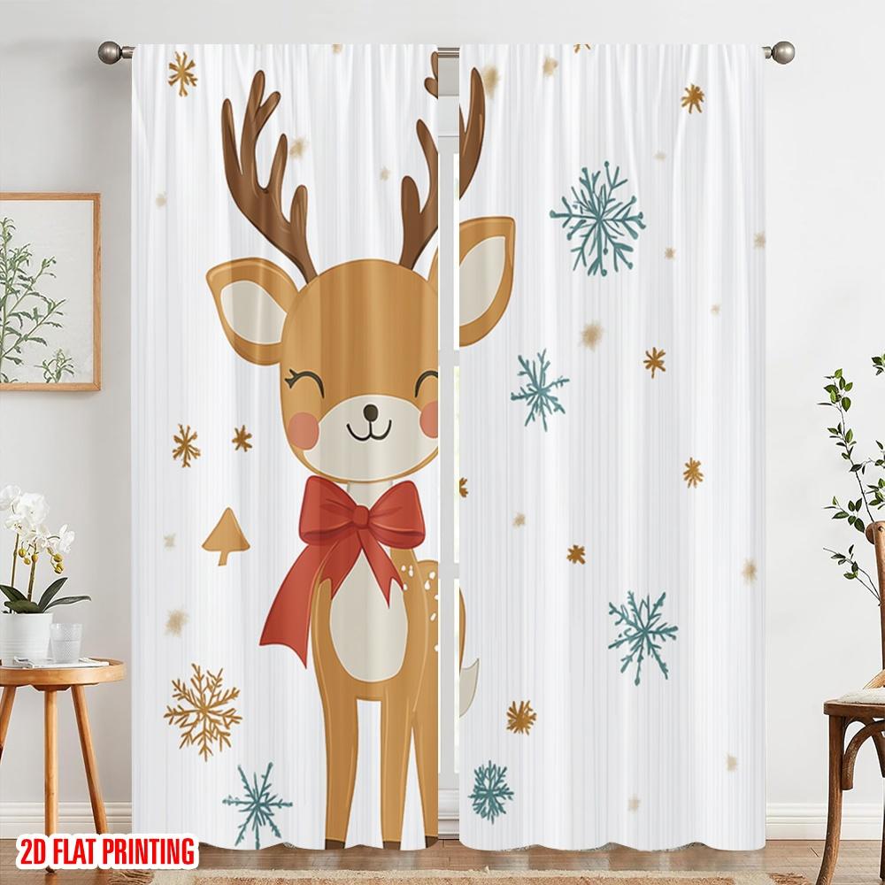 2pcs,2D plane printing Light Filtering Curtains Cute Reindeer Snowflakes Festive Durable Polyester (without rod) Art Deco