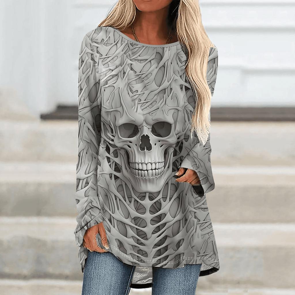 Plus Size Women Spring Halloween Printed Comfy Long Sleeve Round Collar T-shirt Casual Baggy Mid Length Tee Tops