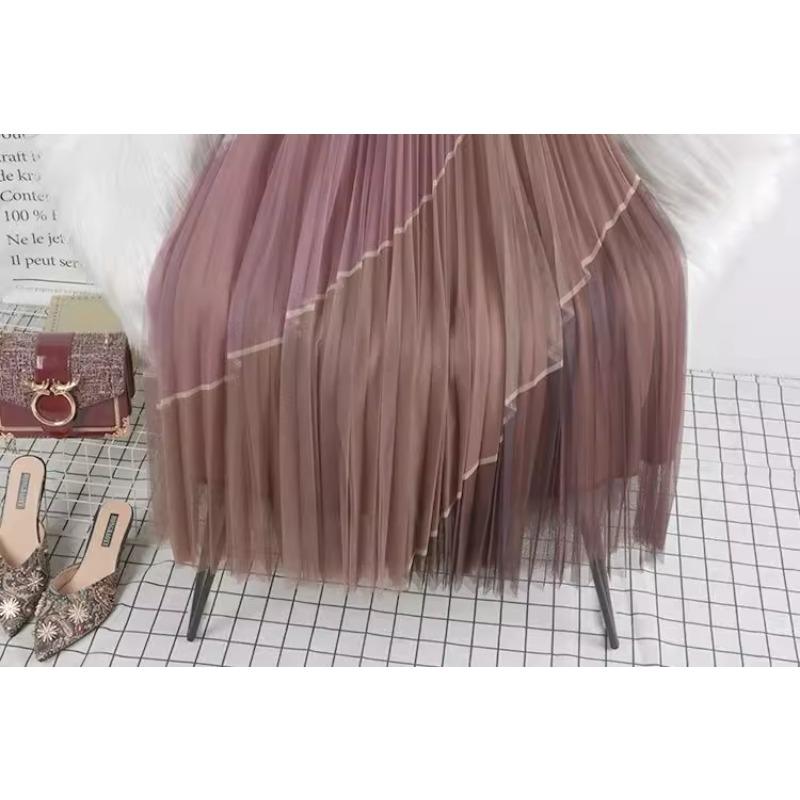 Summer Women Elegant Contrast Color Elastic Waist Mesh Tulle Long Midi Pleated Skirt
