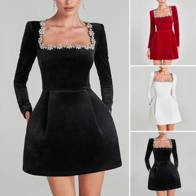 Women Mini Dress Square Collar Long Sleeve Beaded Flower Decor Short Dress High Waist Above Knee Length Dress