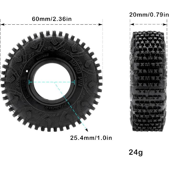 1.0 Tires - MS6 MPRO Pin Tires for TRX4M SCX24 FCX24 AX24 1/24 1/18 RC Crawler, 0.79/2.36/R1.0, #M1002