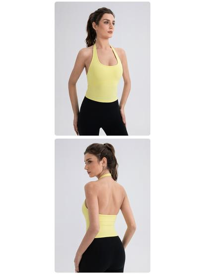 Damski Top Sportowy do Jogi z Dekoltem na Szyi i Wkładkami - Nude, Seksowny Tył Styl 52167