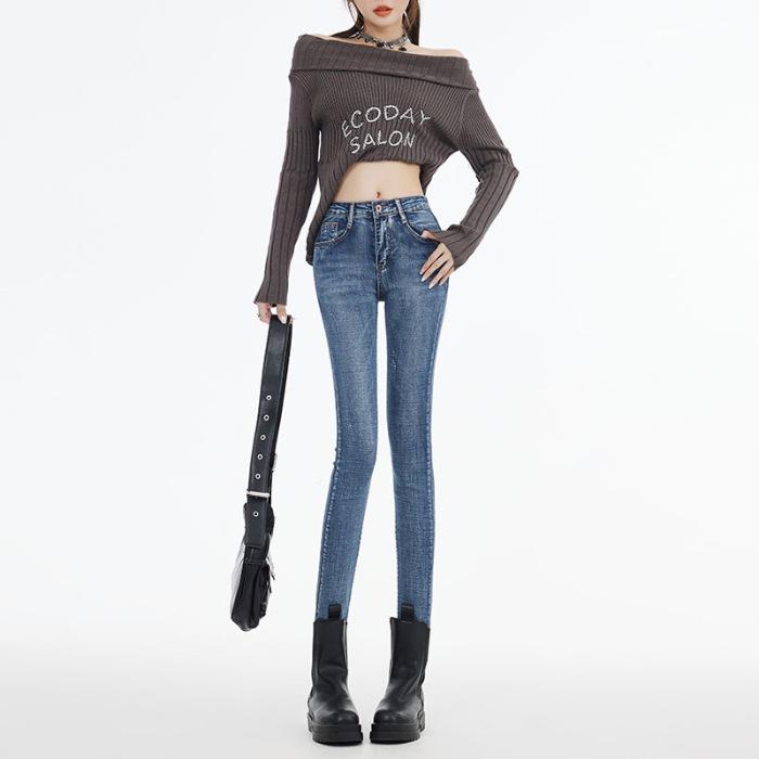 Autumn and Winter Pencil Pants High Waist Breasted Belly Thin Elastic Nine-point Jeans Women