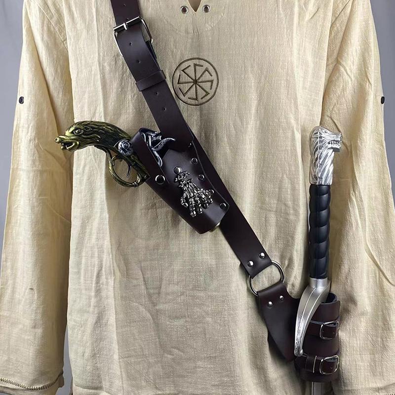 Shoulder Belt Adjustable Sword Gun Holder Sheath Frog Leather Armor Pirate Halloween Costume Rapier Medieval Holster