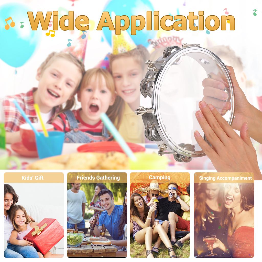 8inch Tambourine Handbell Hand Drum with Double Row Jingles Musical Percussion Instrument