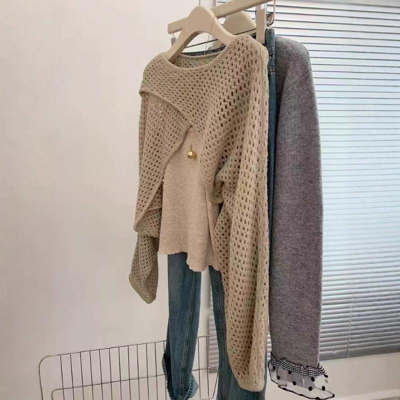 With shawl card color stacking, two-piece long-sleeved knitted sweater, women's new top, high-end autumn wear
